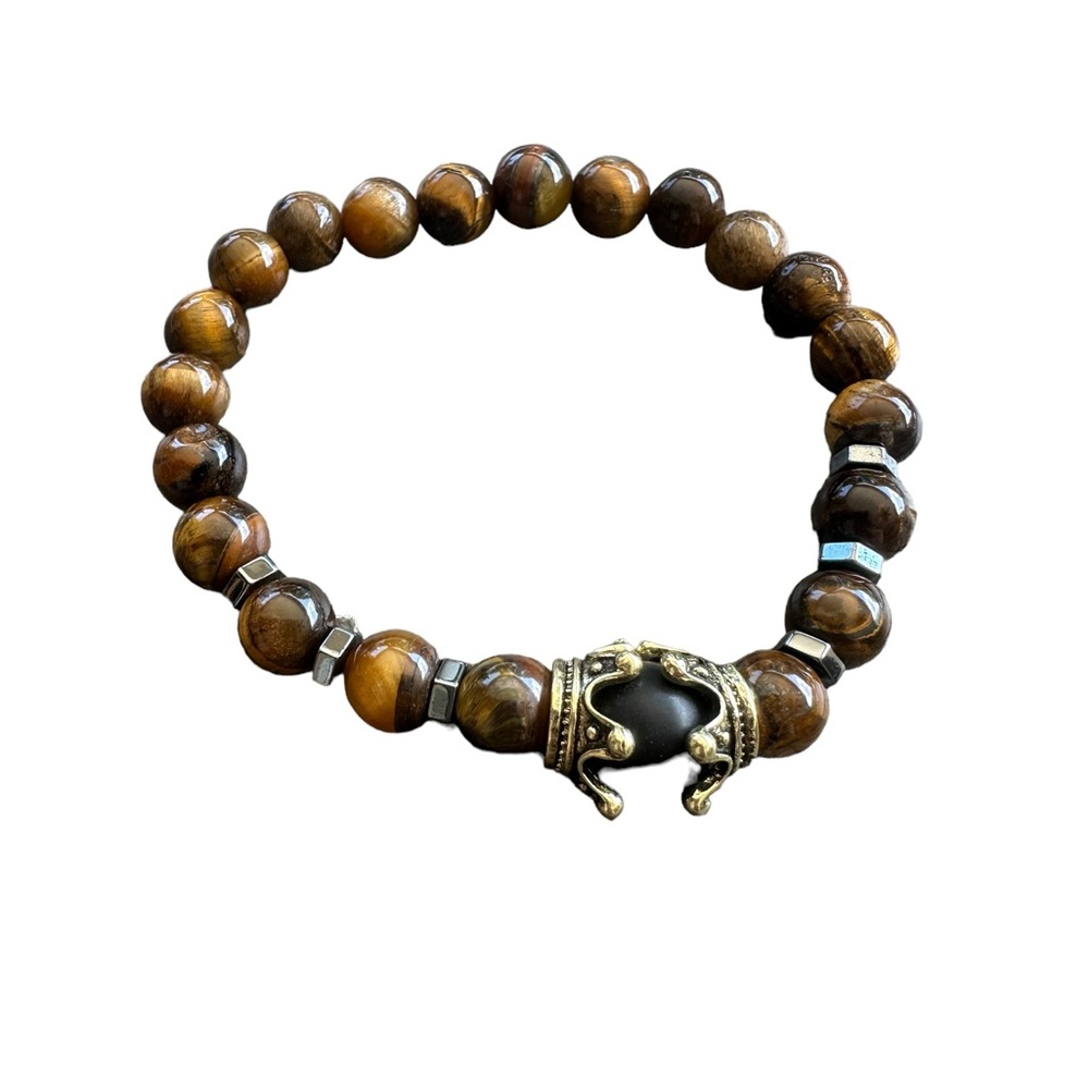 Tiger Eye Brown Stone and Silver Beaded Stretch Bracelet